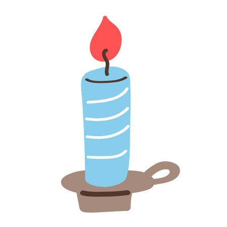 Isolated striped candle with a warm flame in a simple holder. A bright festive vector illustration for winter holiday decoration, peaceful spiritual themes and calm cozy graphicsのイラスト素材