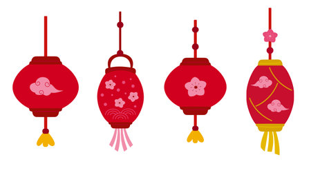 A festive collection of four red and pink Asian lanterns isolated. Flat vector graphic design with floral and cloud details, perfect for Chinese New Year celebrationsのイラスト素材