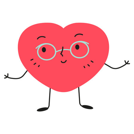 Cute cartoon heart character wearing glasses. Funny smiling mascot for Valentine's Day. Minimalist flat designのイラスト素材