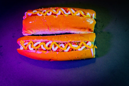 bread stuffed with soy meat seasoned with fresh salad, mayonnaise and mustard. typical street food, salvadoran and latin americanの写真素材