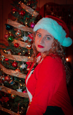 Portrait of a beautiful young woman in Santa Claus hat near the Christmas tree.の写真素材