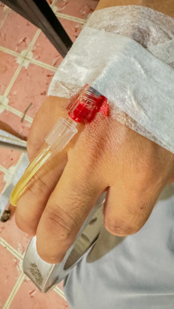 Closeup of a real patient's hand with intravenous infusion. (IV) blood transfusion concept