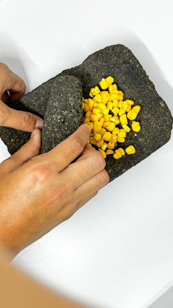 Women's hands grinding corn on a stone called a metate, which was used by ancient civilizations.