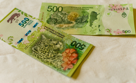 Close up photo of Argentina money, bills of 100 and 500 peso