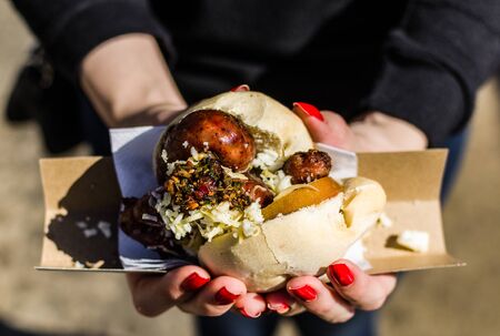 Argentina street food, choripan sandwich with chorizo, cheese, and chimichurriの写真素材