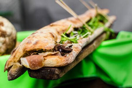 Close up of huge panini sandwich at a street food marketの写真素材