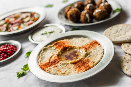 Selection of traditional Arab and Jewish healthy food, vegan and vegetarian