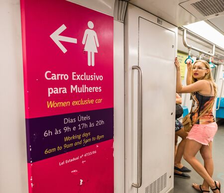 Rio de Janeiro, Brazil - February 24, 2018: Women in an exclusive metro wagonのeditorial素材