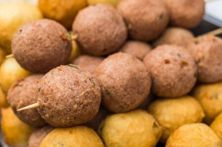 Fried balls with lamb meat, arab and middle east food at a street food market.