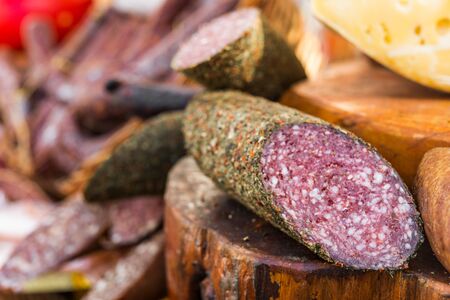 A traditional meat Italian delicatessen salami sausage.の写真素材
