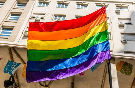 Rainbow flag at a Pride Day gay, lesbian, and LGBT parade.の写真素材