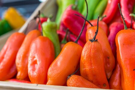 Peruvian aji amarillo chili peppers at a street food market.の写真素材