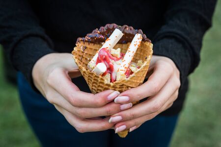 Tamarillo tomato tree ice cream in cone with chocolate at a street food market.の写真素材