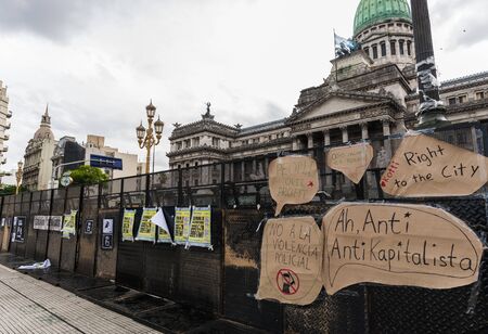 Buenos Aires, Argentina - November 29, 2018: Posters at protests of left-wingのeditorial素材