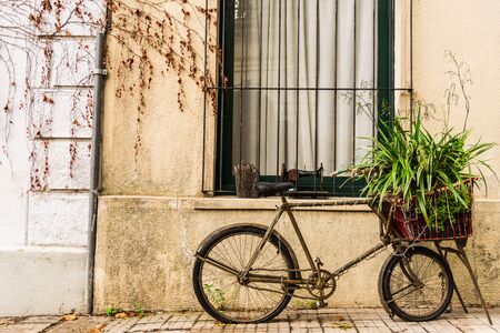 A retro vintage old bicycle against the wall of a colonial and colorful houseの写真素材