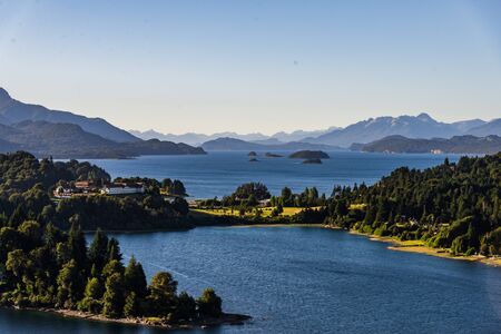 Landscape of blue lakes, Andes mountains, and forest in Patagonia, Argentinaの写真素材