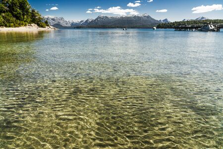 Landscape of blue lakes, Andes mountains, and forest in Patagonia, Argentinaの写真素材