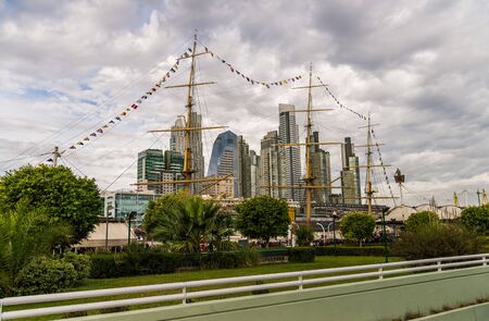 Buenos Aires, Argentina - May 26, 2019: Skyscrapers and Fragata Sarmiento shipのeditorial素材