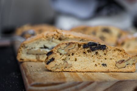 Close up of biscotti, also called cantucci, or Italian almond biscuitsの写真素材