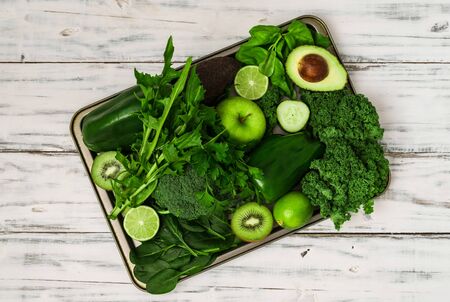 Selection of healthy green food fresh vegetables and fruitの写真素材