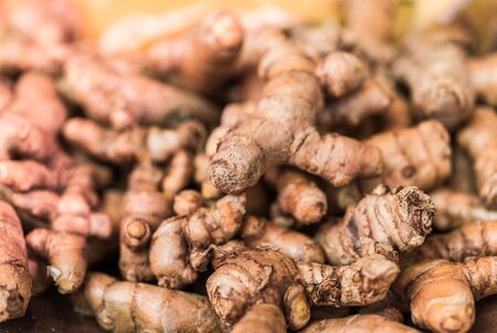 Turmeric roots on display at a farmers market, selective focusの写真素材