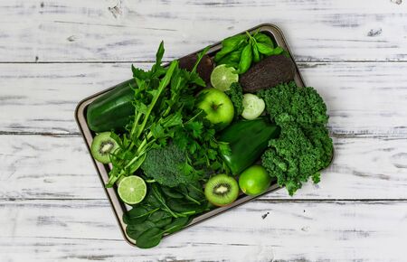 Selection of healthy green food fresh vegetables and fruitの写真素材