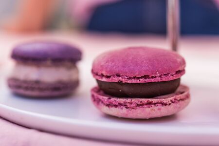 Close up of a colorful macaron cookie cake dessertの写真素材