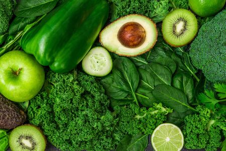 Selection of healthy green food fresh vegetables and fruitの写真素材