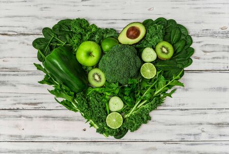 Selection of healthy green food fresh vegetables and fruitの写真素材