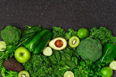 Selection of healthy green food fresh vegetables and fruit.の写真素材