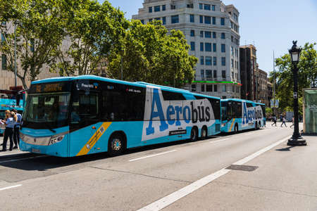 Barcelona, Spain - August 1, 2019: Prat airport transfer bus at Placa Catalunyaのeditorial素材