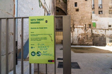 Barcelona, Spain - August 1, 2019: Sign on in Gothic Quarter about pickpocketsのeditorial素材