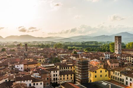 View at ancient Italian town with colorful houses in Tuscany from above.の写真素材