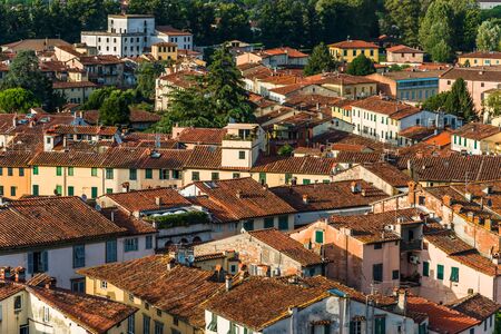 View at ancient Italian town with colorful houses in Tuscany from above.の写真素材