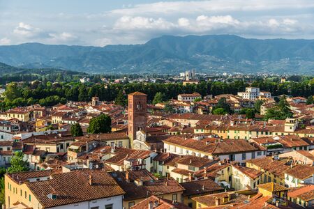 View at ancient Italian town with colorful houses in Tuscany from above.の写真素材