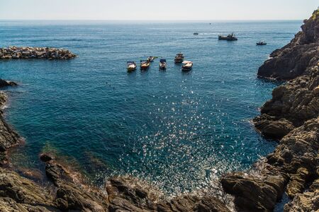 View at yachts at Ligurian Sea coastline in Liguria, Italy.の写真素材