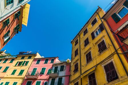 Colorful ancient Italian architecture houses in Manarola village, Cinque Terre.の写真素材