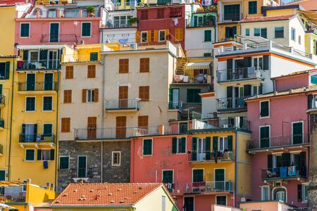 Colorful ancient Italian architecture houses in Manarola village, Cinque Terre.の写真素材