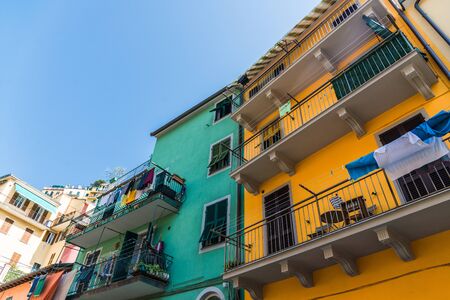 Colorful ancient Italian architecture houses in Manarola village, Cinque Terre.の写真素材