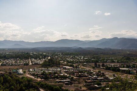 View at the Andes mountain range from San Martin park in Mendoza, Argentinaの写真素材