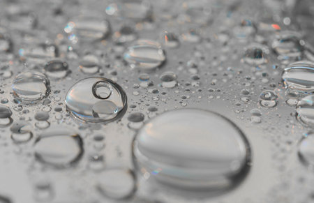 Macro photography of water drops on a mirror reflective surface.の写真素材
