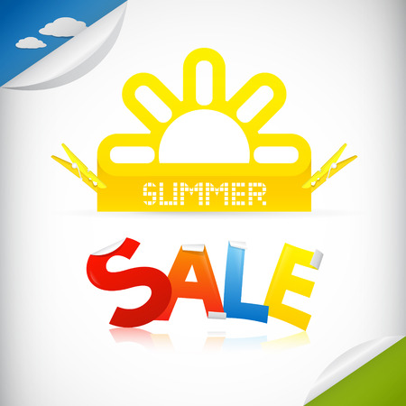Vector Summer Sale theme with yellow sun, blue sky and green grass のイラスト素材