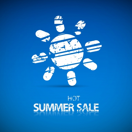 Vector White Hot Summer Sale Title with Sun Symbol on Blue Background のイラスト素材