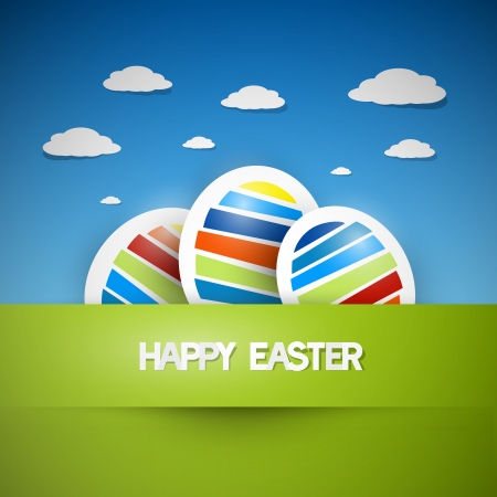 Three colorful easter eggs on green grass with blue sky on background, Happy Easter celebration, vector のイラスト素材