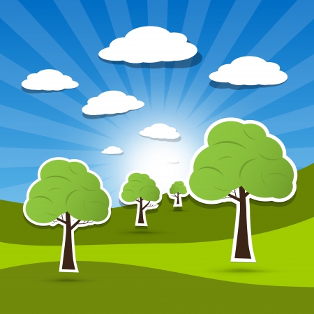 Vector landscape illustration, trees on meadow with white clouds on blue sky のイラスト素材