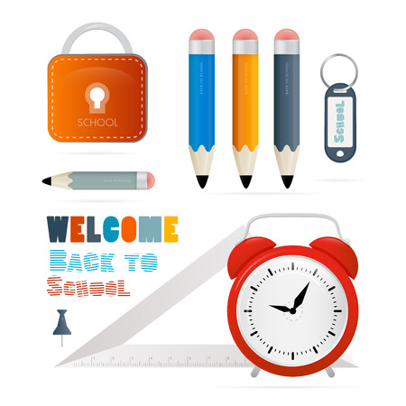 Vector Back to school theme - ruler, alarm clock pencils and other objects on white background のイラスト素材
