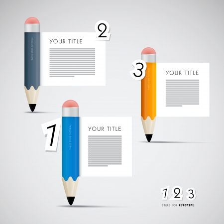 One, two, three, vector paper progress steps for tutorial with pencils, infographics のイラスト素材