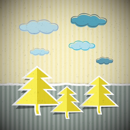 Paper Nature Cardboard Background with Trees and Cloudsのイラスト素材