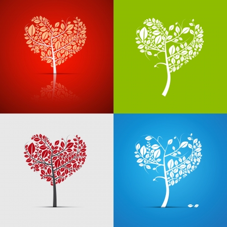 Abstract Vector Heart-Shaped Tree Set on Green, Red, White and Blue Backgroundのイラスト素材