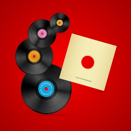Vector Vinyl Record Discs on Red Backgroundのイラスト素材